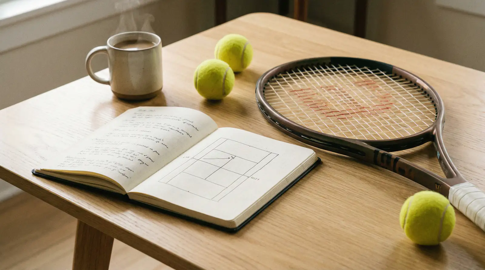 Bloc de notas con anotaciones de análisis junto a raqueta de tenis