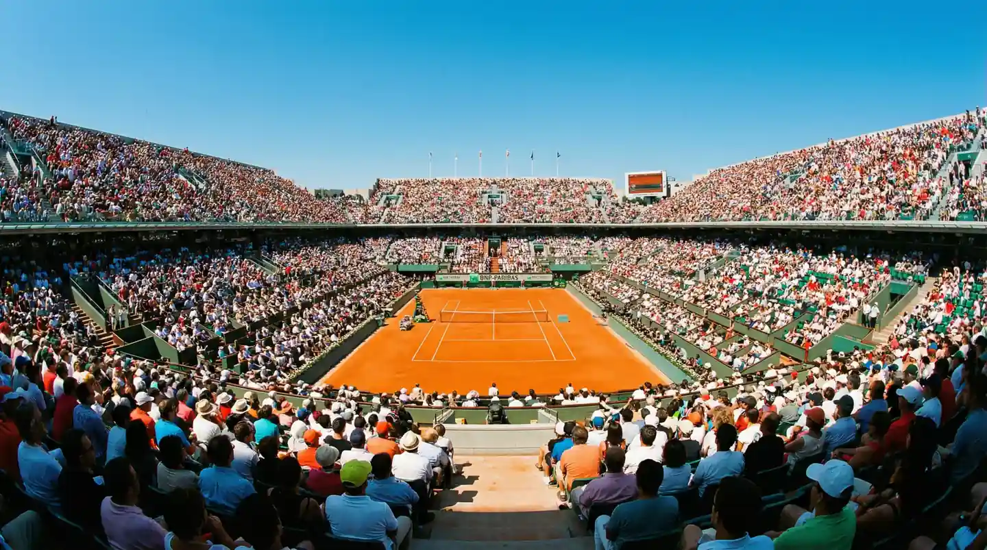 Pista central de torneo Grand Slam con gradas llenas de espectadores