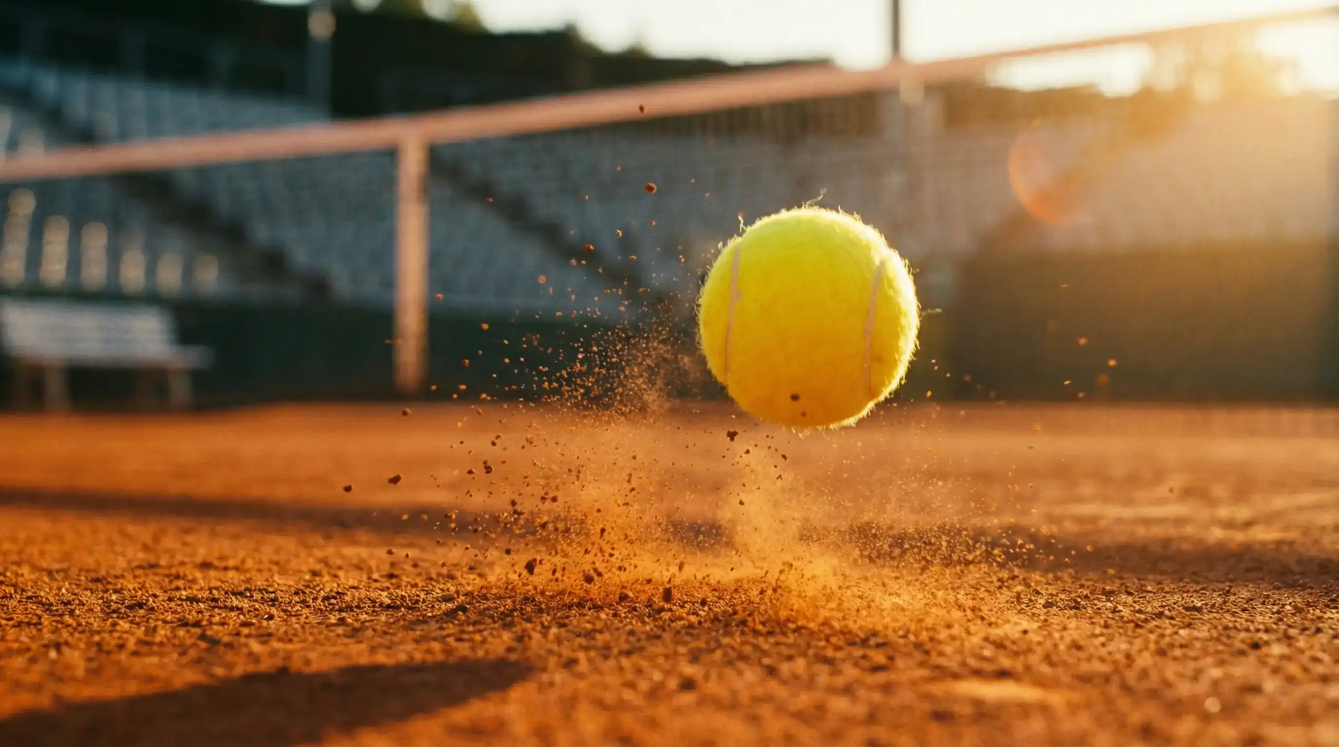 Pelota de tenis sobre pista de tierra batida bajo luz natural del atardecer